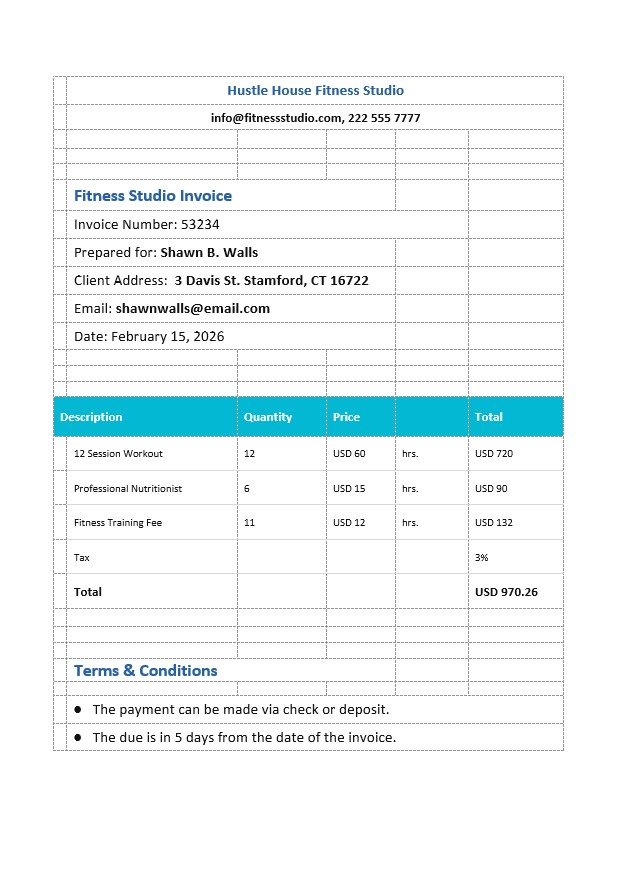Fitness Studio Invoice Template PSD template